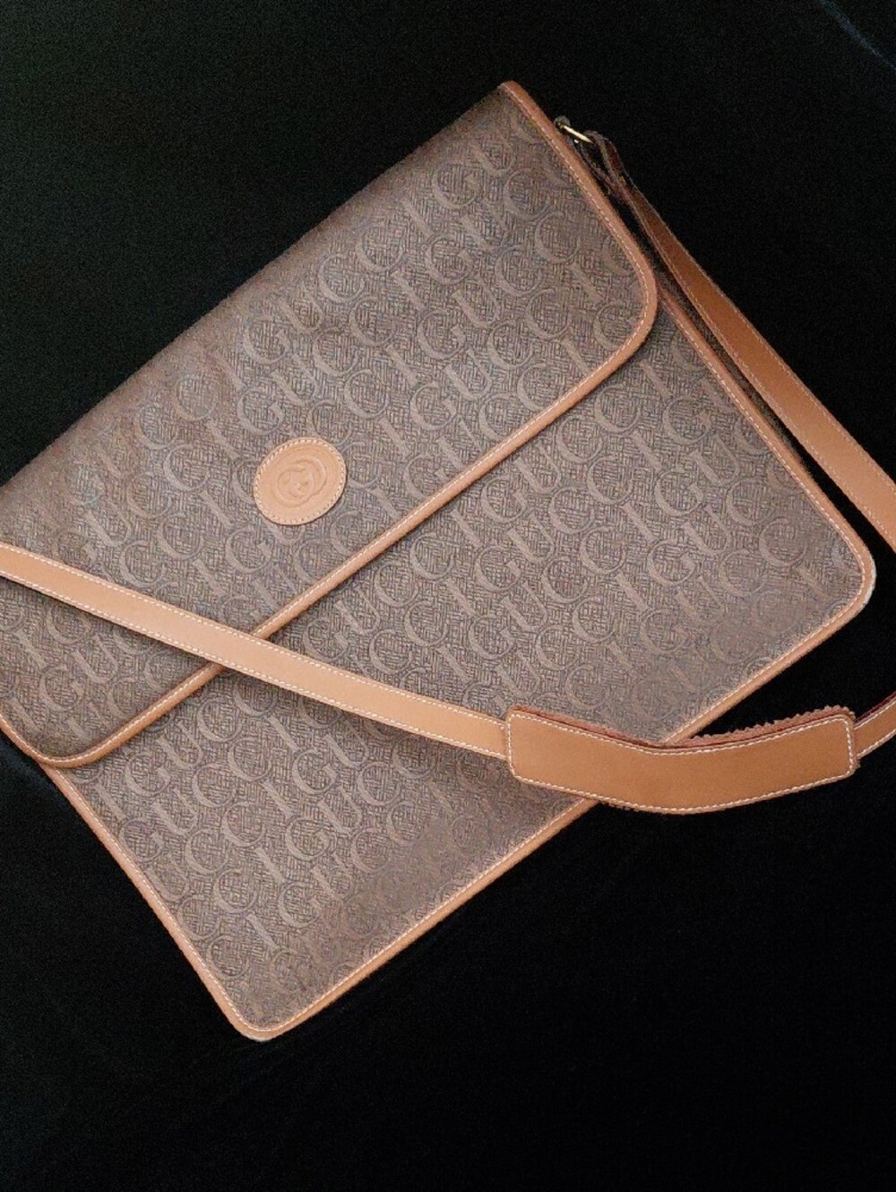 Vintage Gucci GG Monogram Laptop Messenger Unisex Bag Brown Leather Trim
